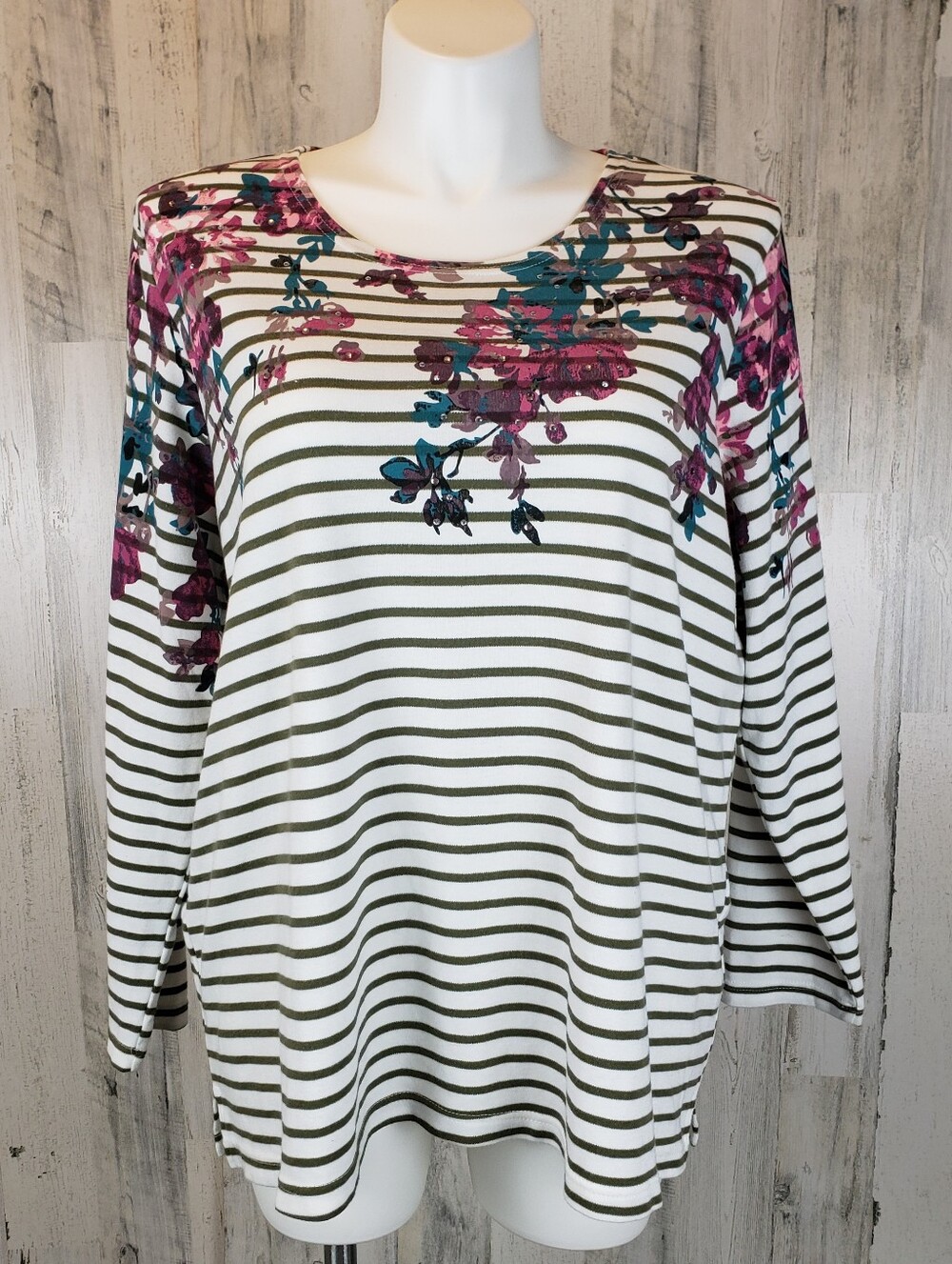 Quacker Factory Olive & White Striped Long-Sleeve Top with Pink Floral Size 2X